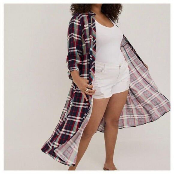 Torrid Maxi Kimono - Challis Plaid Red & Blue - Picture 3 of 4